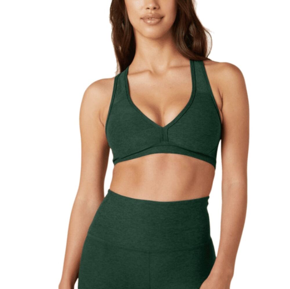 Beyond Yoga Spacedye Lift Your Spirits Bra in Forrest Green Heather Size Small